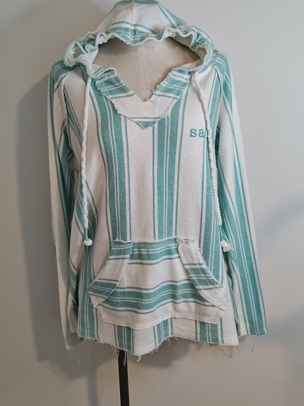 Striped Hooded Baja Pullover in Mint and White